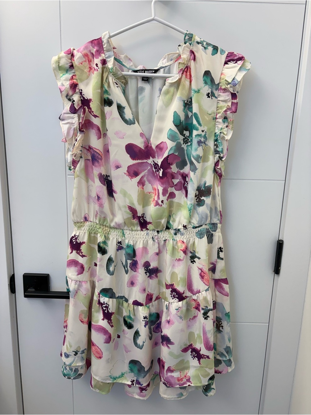 Steve Madden Cream Floral Ruffle Sleeve Dress with Purple & Teal Accents